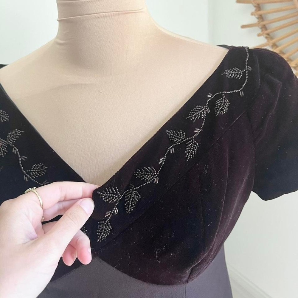Vintage Liz Claiborne Brown Velvet Embroidered Evening Gown Wedding Dress - Picture 5 of 8